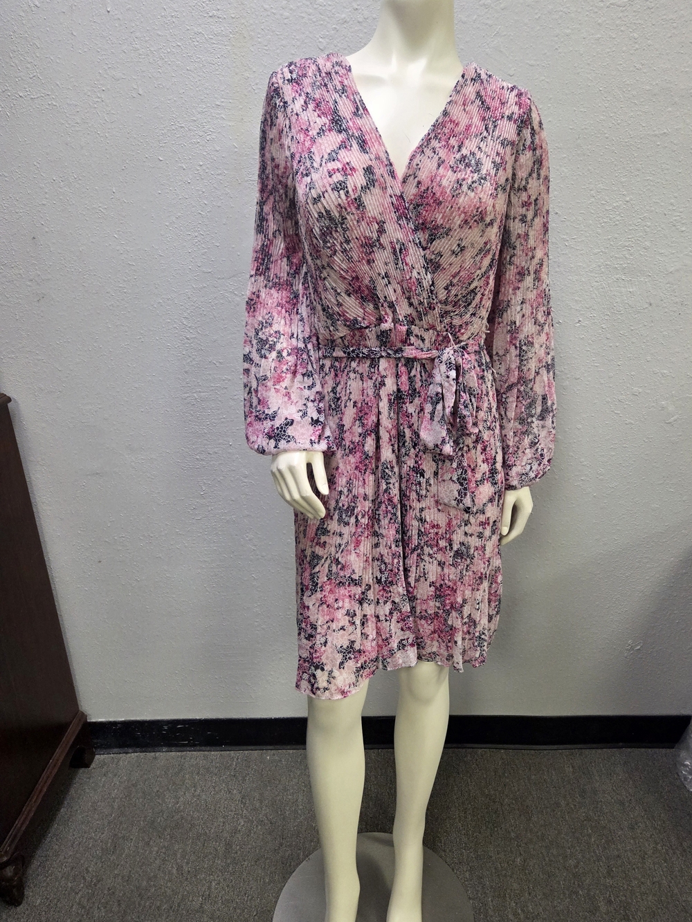 DKNY Pink Floral Long-Sleeve Wrap Dress